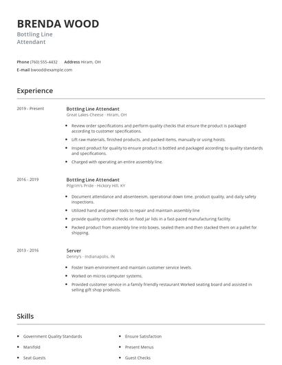 Bottling Line Attendant Resume