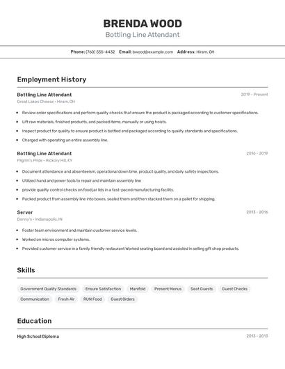 Bottling Line Attendant Resume