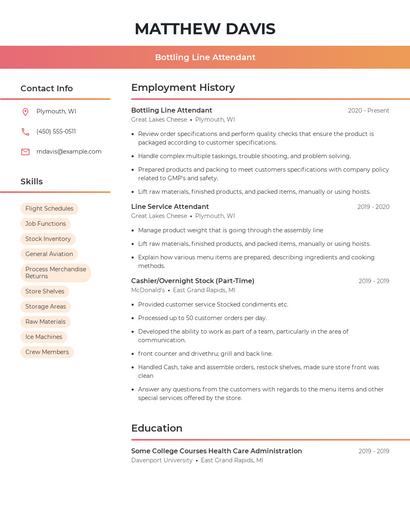 Bottling Line Attendant Resume