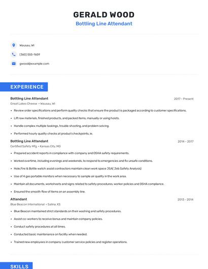Bottling Line Attendant Resume