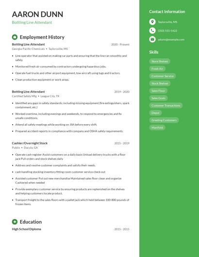 Bottling Line Attendant Resume