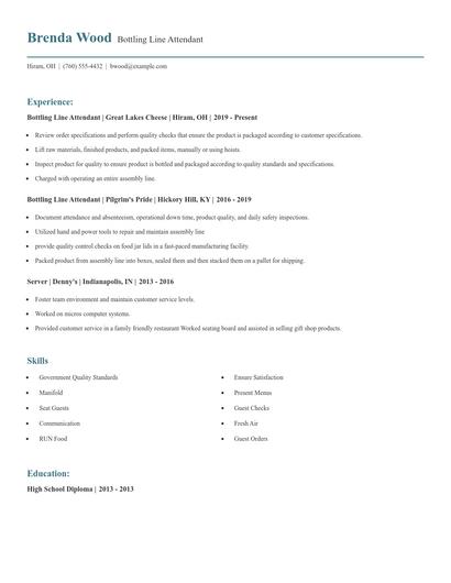 Bottling Line Attendant Resume