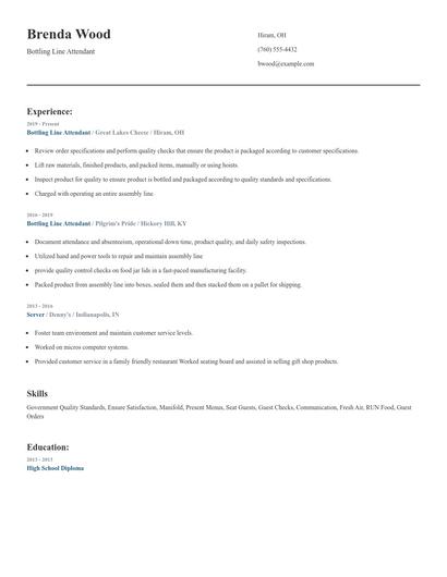 Bottling Line Attendant Resume
