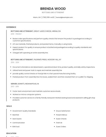 Bottling Line Attendant Resume