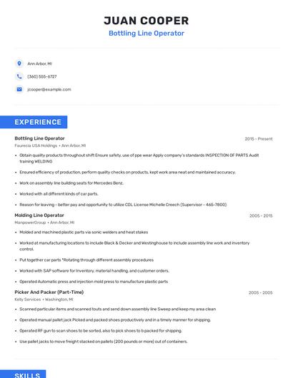 Bottling Line Operator Resume