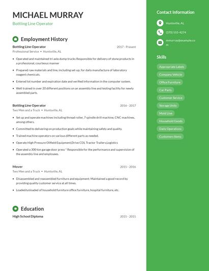 Bottling Line Operator Resume