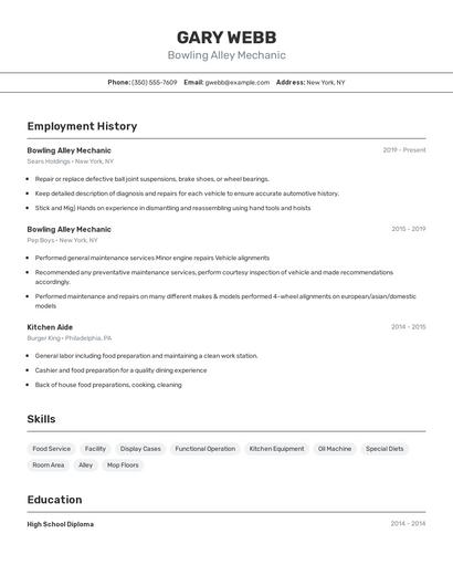Bowling Alley Mechanic Resume