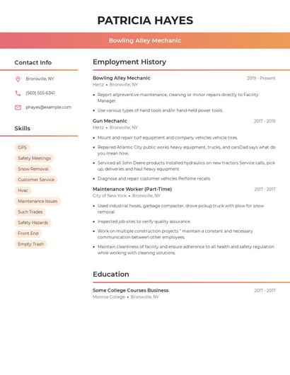 Bowling Alley Mechanic Resume