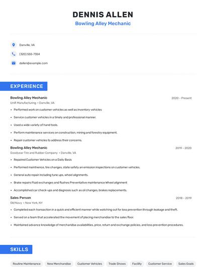 Bowling Alley Mechanic Resume
