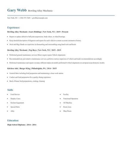 Bowling Alley Mechanic Resume