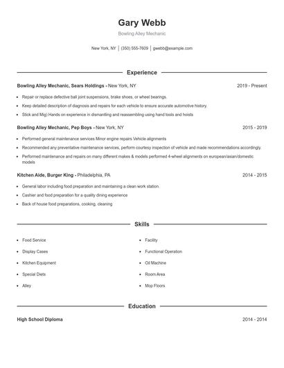 Bowling Alley Mechanic Resume