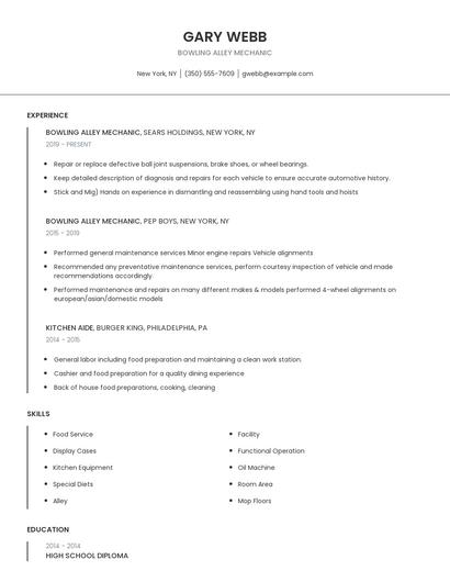Bowling Alley Mechanic Resume