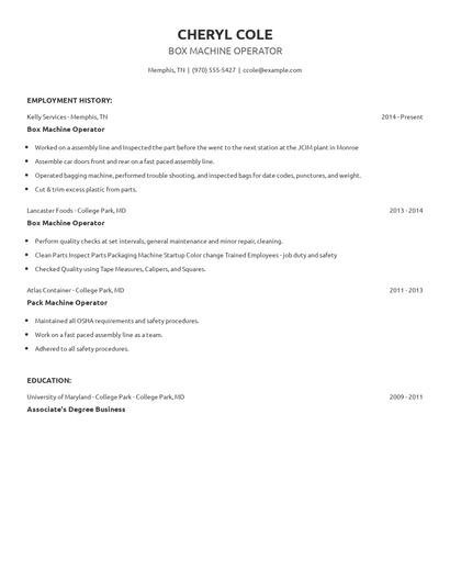 Box Machine Operator Resume