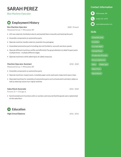 Box Machine Operator Resume