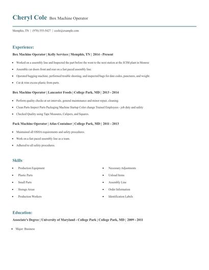 Box Machine Operator Resume