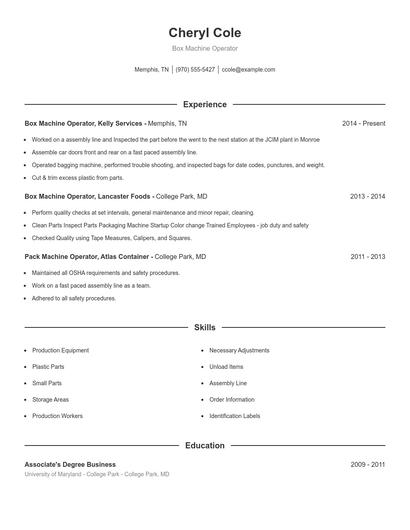 Box Machine Operator Resume