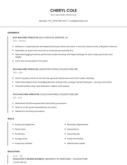Box Machine Operator Resume