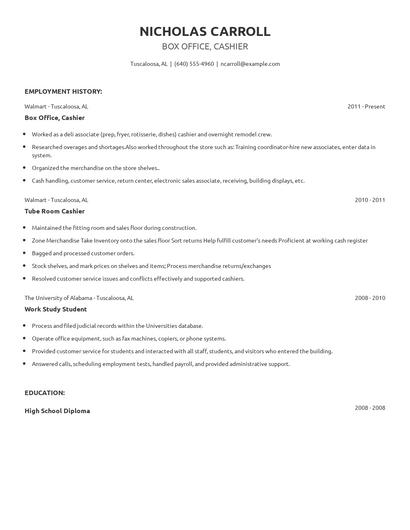 Box Office, Cashier Resume