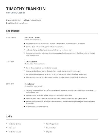 Box Office, Cashier Resume