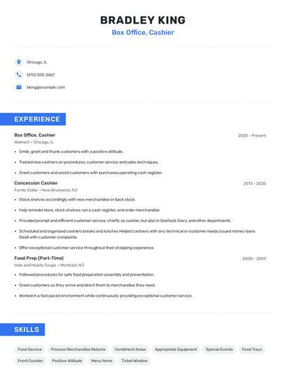 Box Office, Cashier Resume