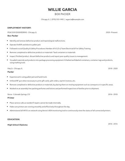 Box Packer Resume