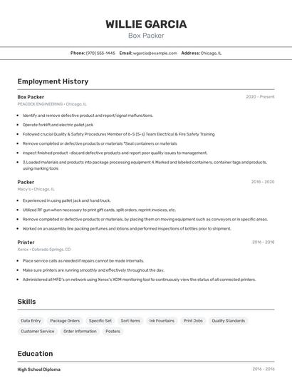 Box Packer Resume