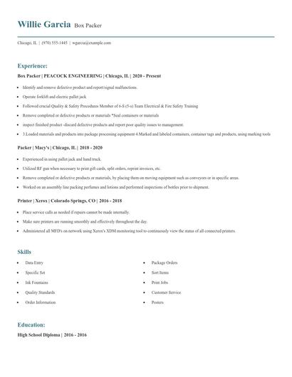 Box Packer Resume