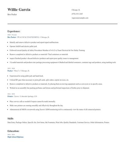 Box Packer Resume