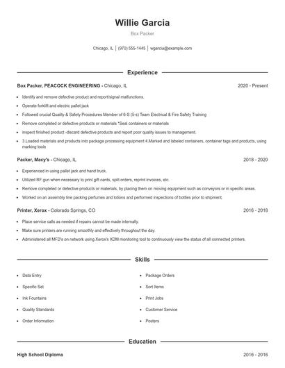 Box Packer Resume