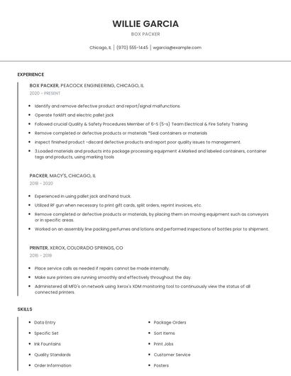Box Packer Resume