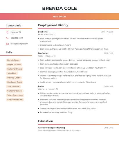 Box Sorter Resume