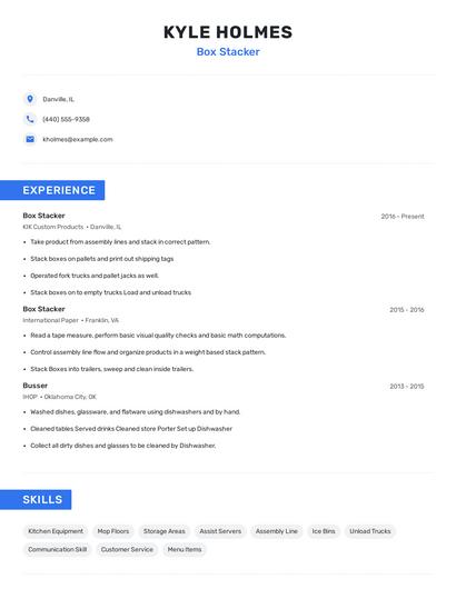 Box Stacker Resume