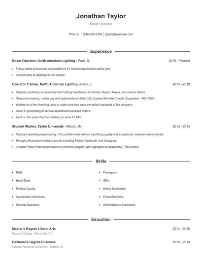 Boxer Operator Resume