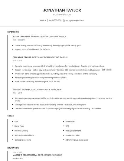 Boxer Operator Resume