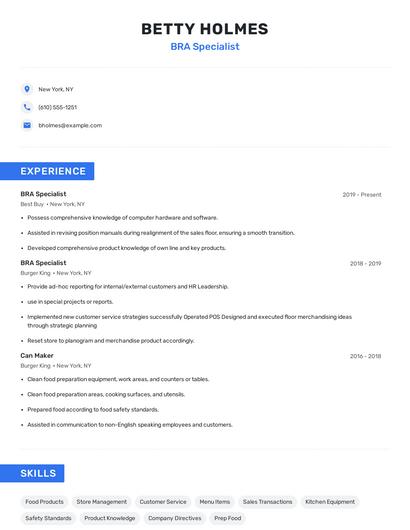 BRA Specialist Resume
