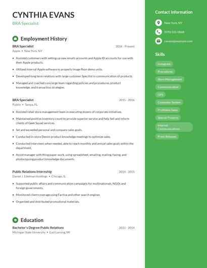 BRA Specialist Resume