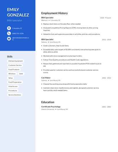 BRA Specialist Resume