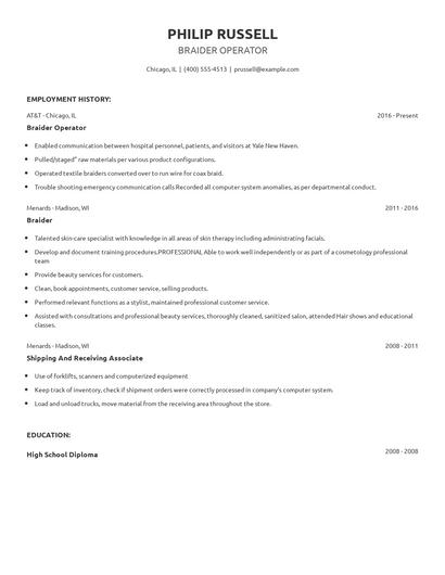 Braider Operator Resume