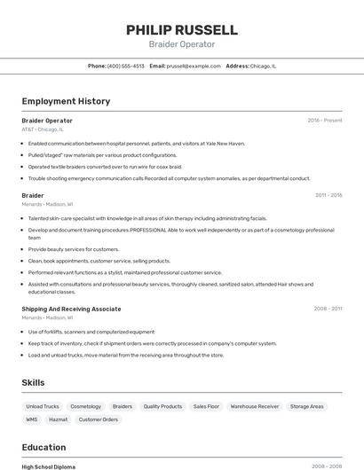 Braider Operator Resume