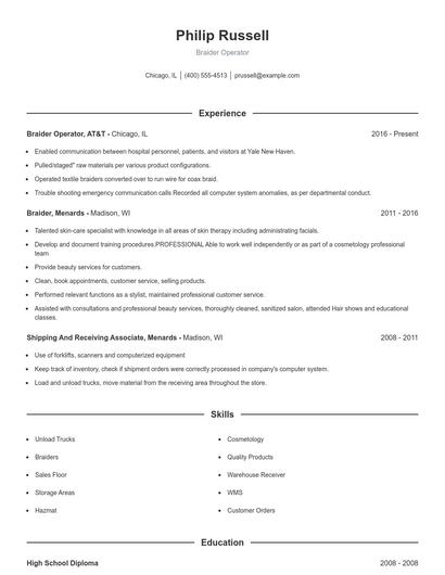 Braider Operator Resume