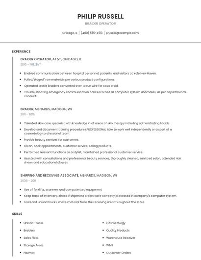 Braider Operator Resume