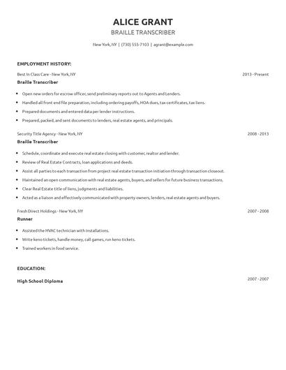 Braille Transcriber Resume