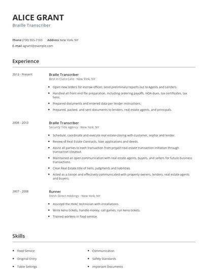 Braille Transcriber Resume