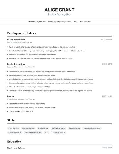 Braille Transcriber Resume