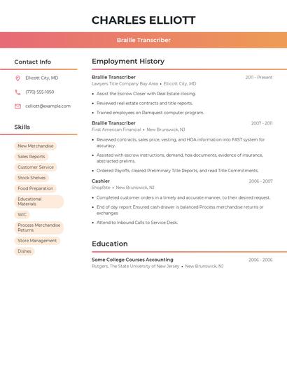 Braille Transcriber Resume