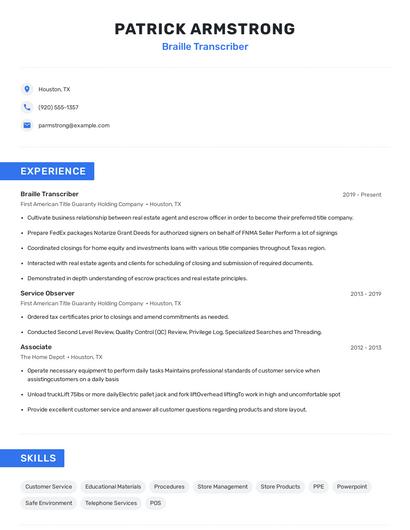 Braille Transcriber Resume