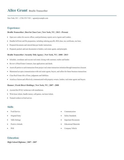 Braille Transcriber Resume