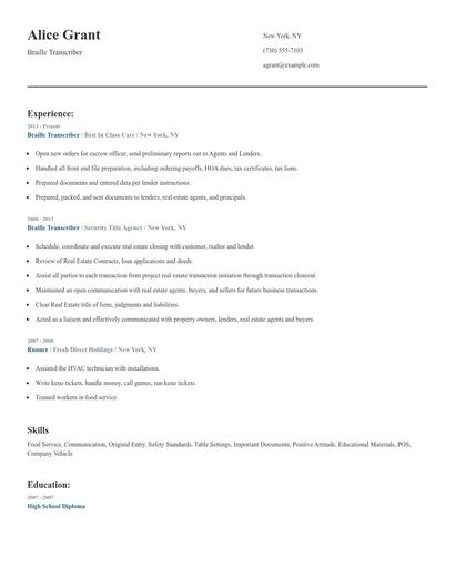 Braille Transcriber Resume