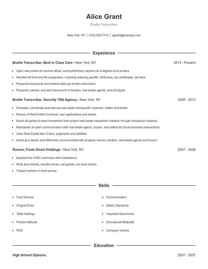 Braille Transcriber Resume