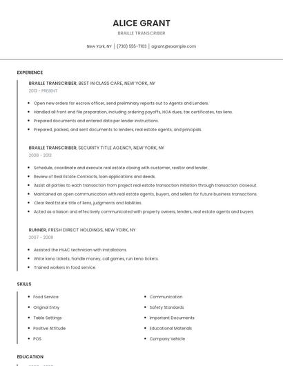 Braille Transcriber Resume